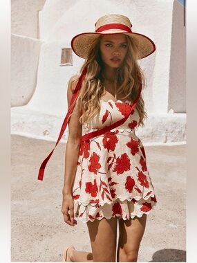 Floral Scallop Cami Top in Cream and Red